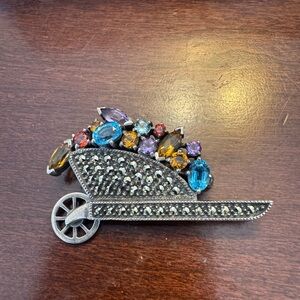 Vintage Rare flower cart pin/brooch Sterling w/mixed jewels-moveable wheel